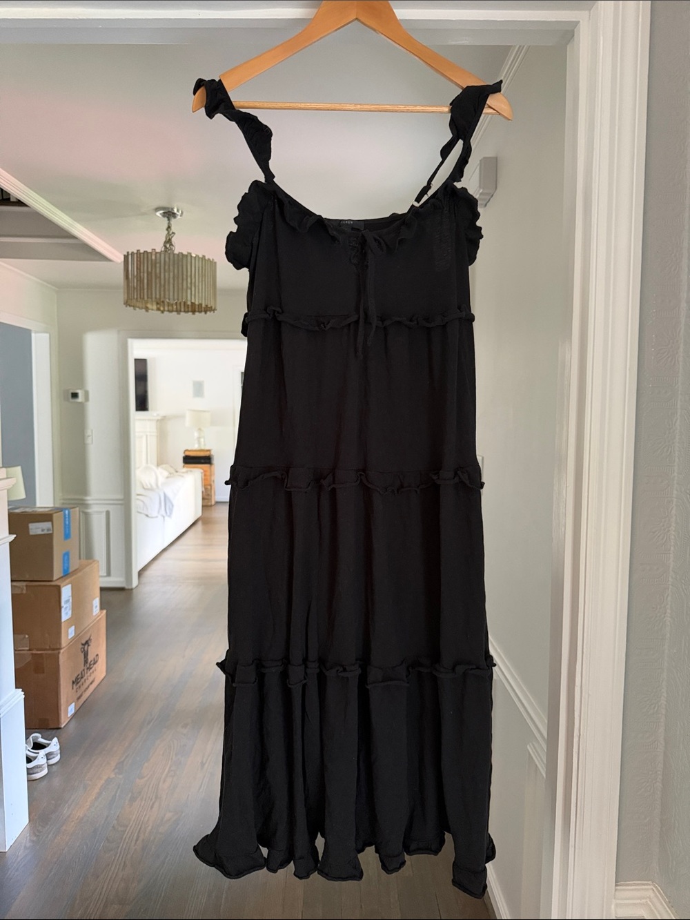 J. Crew Black Tiered Maxi Dress with Tie Shoulder Straps